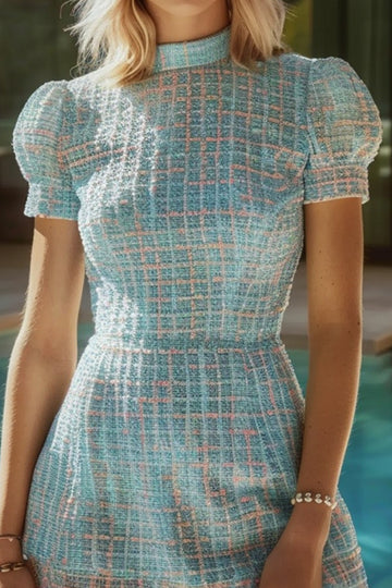 A Line Blue High Neck Puff Sleeve Mini Dress